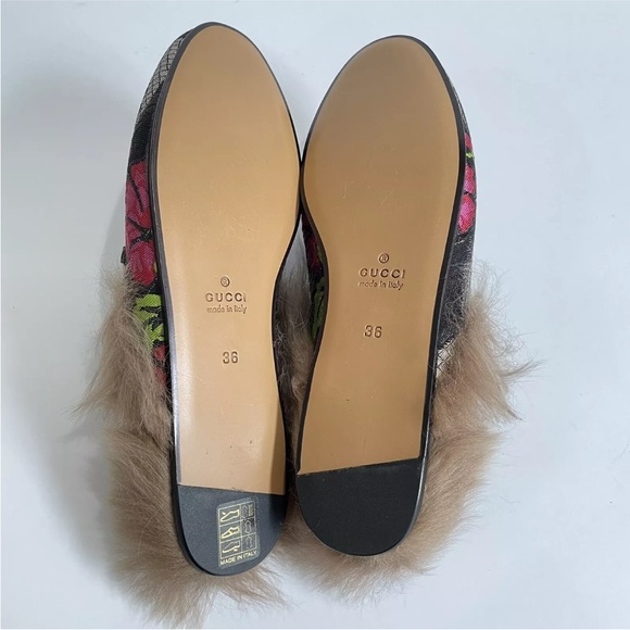 Gucci Princetown Brocade Fur Trim Floral Mule Size 36 Black Anthracite Loafers - Picture 7 of 9